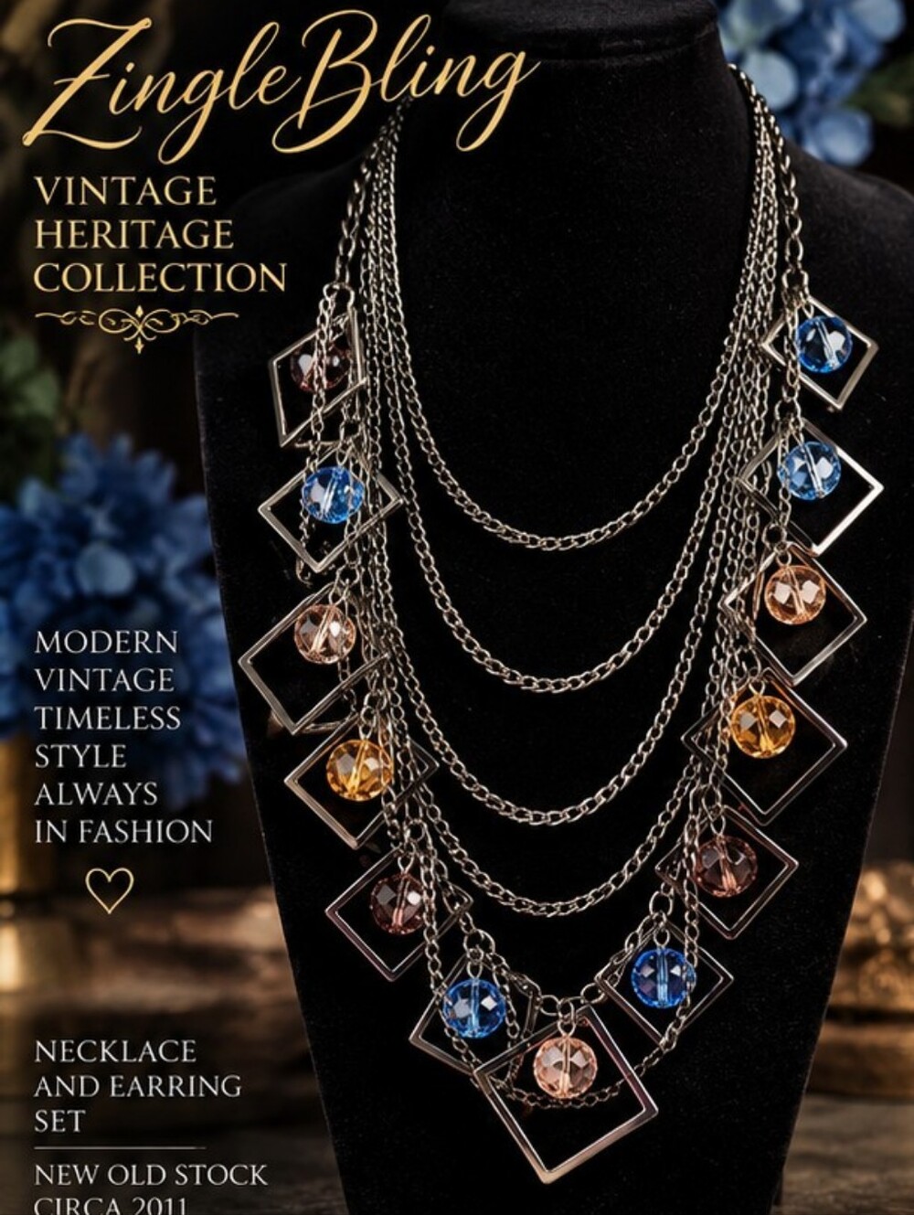 NOS Gunmetal Multi Strand Geometric Statement Necklace Earrings Set